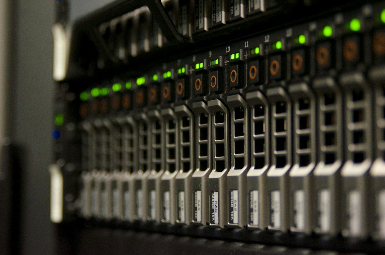 Rack server drive bays with activity indicators in a data centre