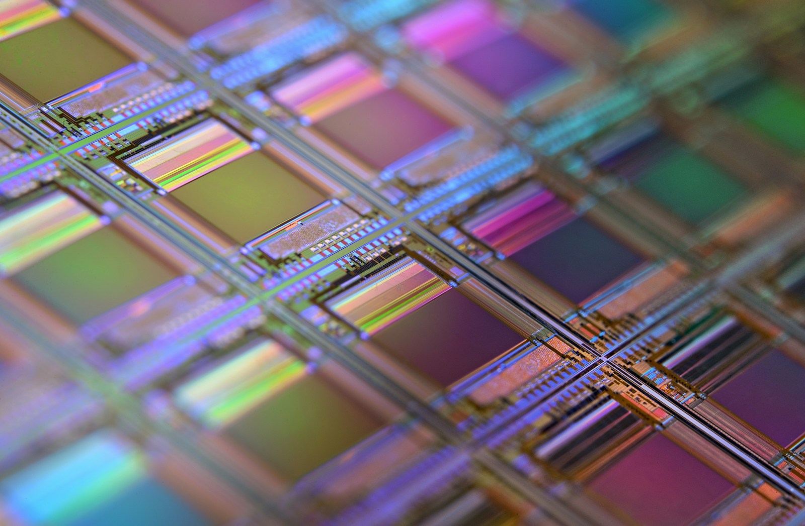 Silicon wafer showing a grid of semiconductor dies