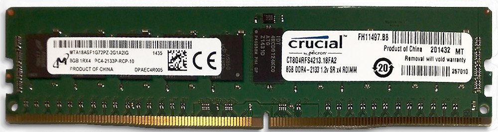 Single DDR4 ECC RDIMM module showing manufacturer label with capacity, speed and organisation