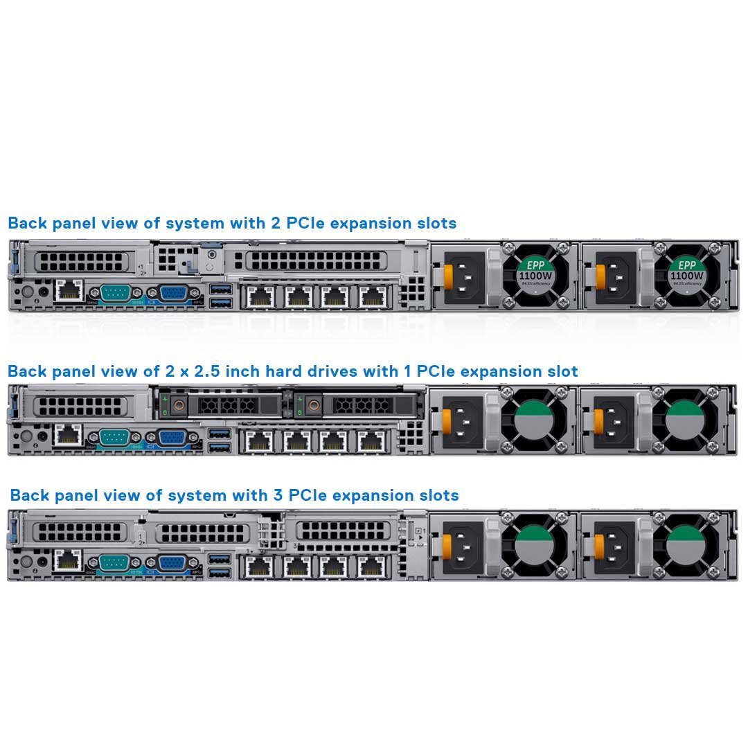 Dell PowerEdge R640 vista traseira — risers PCIe, fontes redundantes, porta iDRAC9