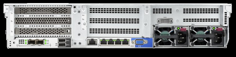 HPE ProLiant DL380 Gen10 rear view — three risers, Flex Slot PSUs, iLO 5 port