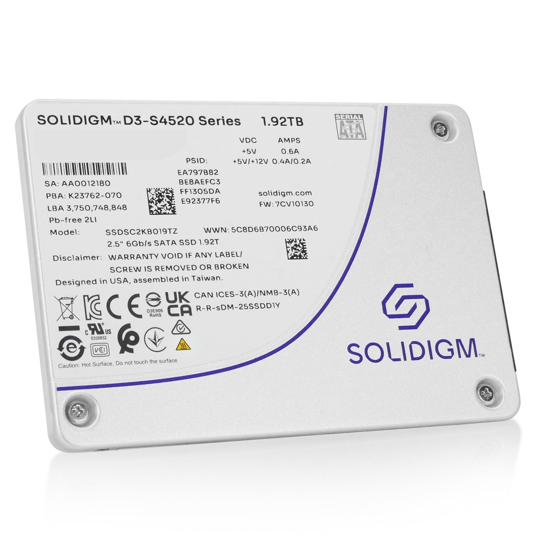 Solidigm D3-S4520 1.92TB SATA SSD, label view — model SSDSC2KB019TZ