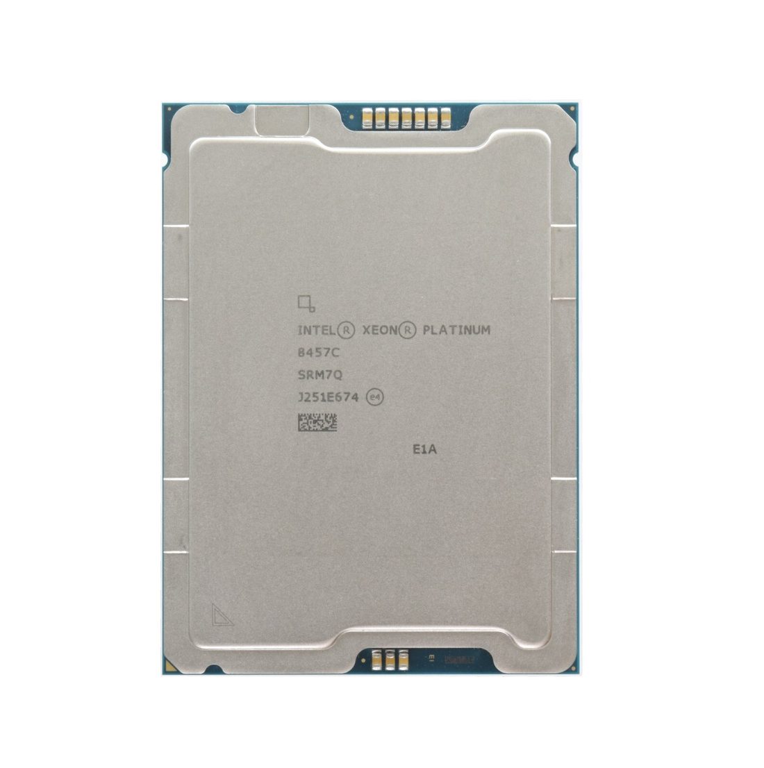 Intel Xeon Platinum processor, top face, laser-etched markings - photographed on a plain surface