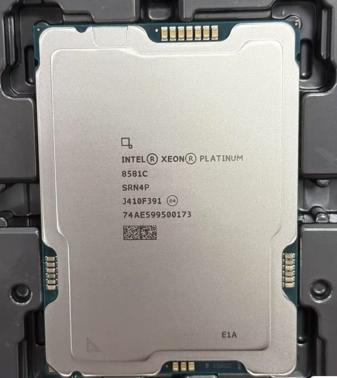 Intel Xeon processor, top face, laser-etched markings reading 