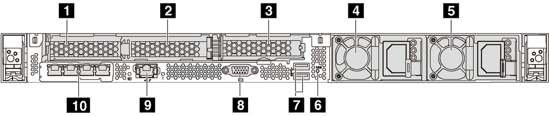 Lenovo ThinkSystem SR630 rear view — PCIe slots, redundant PSUs, XClarity port