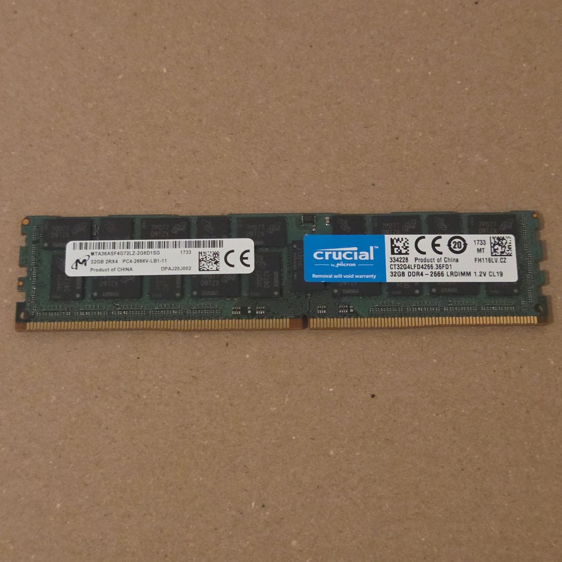 Micron 32GB 4Rx4 DDR4-2666 ECC LRDIMM module, front view showing the DRAM packages