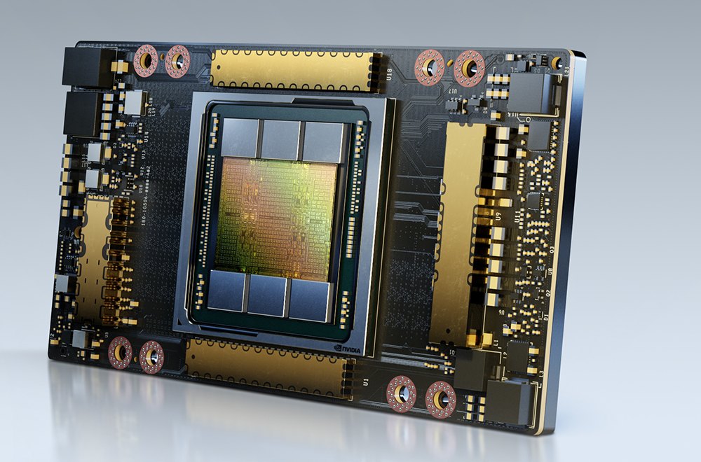 Visual do módulo NVIDIA A100 80GB SXM4 — formato mezzanine com pilhas HBM a ladearem o die da GPU