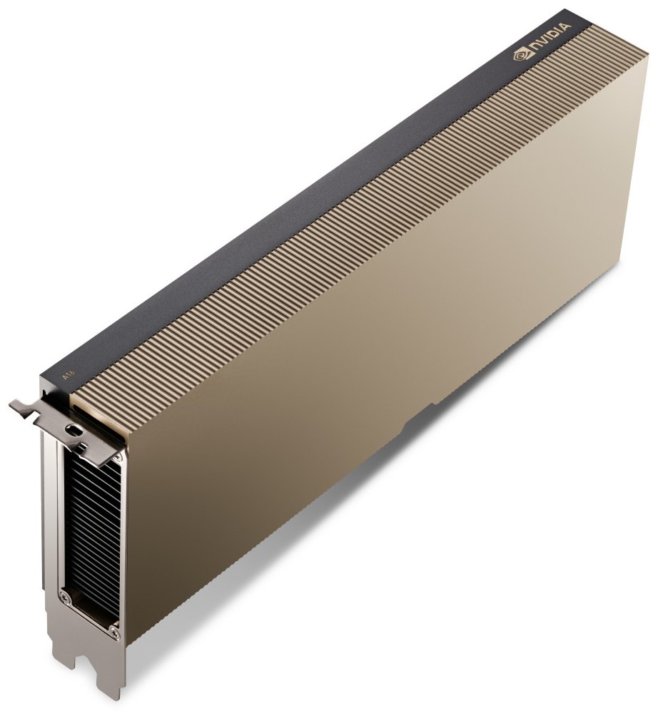 Schrägansicht der NVIDIA A16 — passiver Kühlkörper in voller Länge mit 8-Pin-Stromeingang und Bracket-Ende