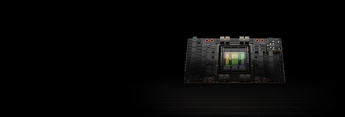 NVIDIA H100 offizielles Keyvisual: Hopper-GPU-Modul auf dunklem Hintergrund