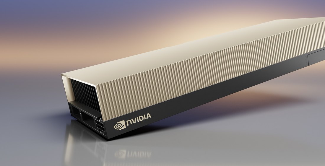 NVIDIA L40S 48GB angle view — full-length dual-slot board, bracket end and finned passive shroud