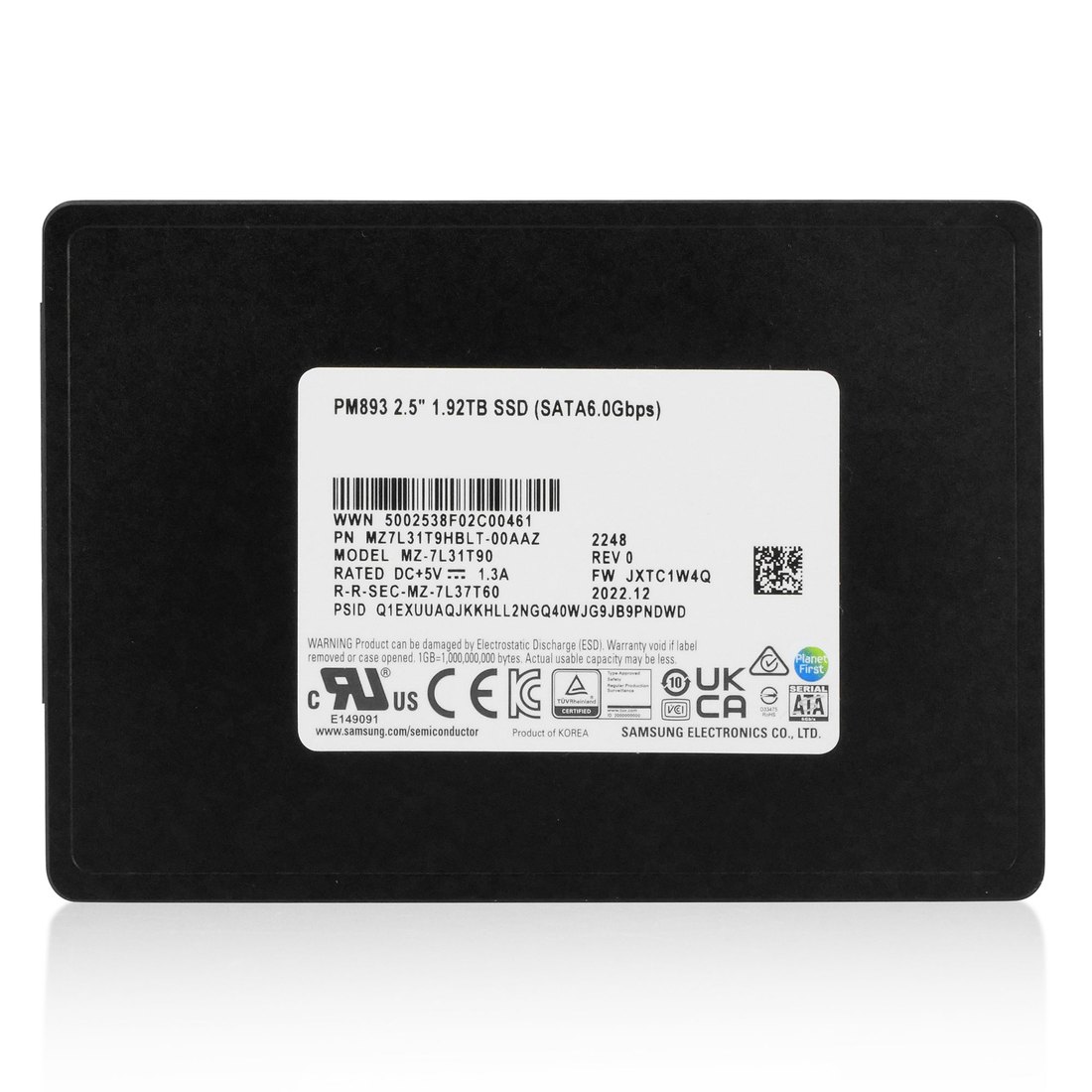 SSD SATA Samsung PM893 1.92TB, vista de etiqueta: PM893 2.5 pulgadas 1.92TB SSD (SATA6.0Gbps), PN MZ7L31T9HBLT
