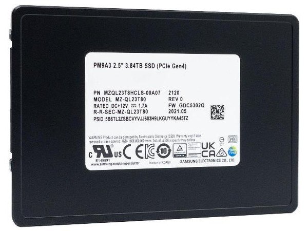 Samsung PM9A3 3.84TB U.2 NVMe SSD, label view — MZQL23T8HCLS