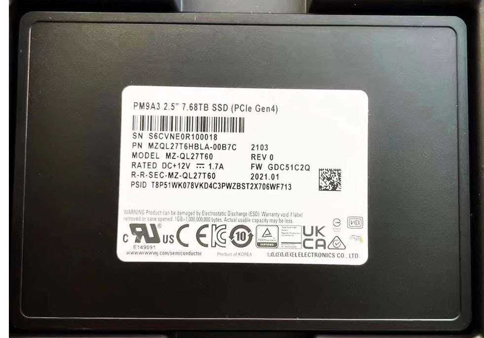 Samsung PM9A3 7.68TB U.2 NVMe SSD, label view — MZQL27T6HBLA