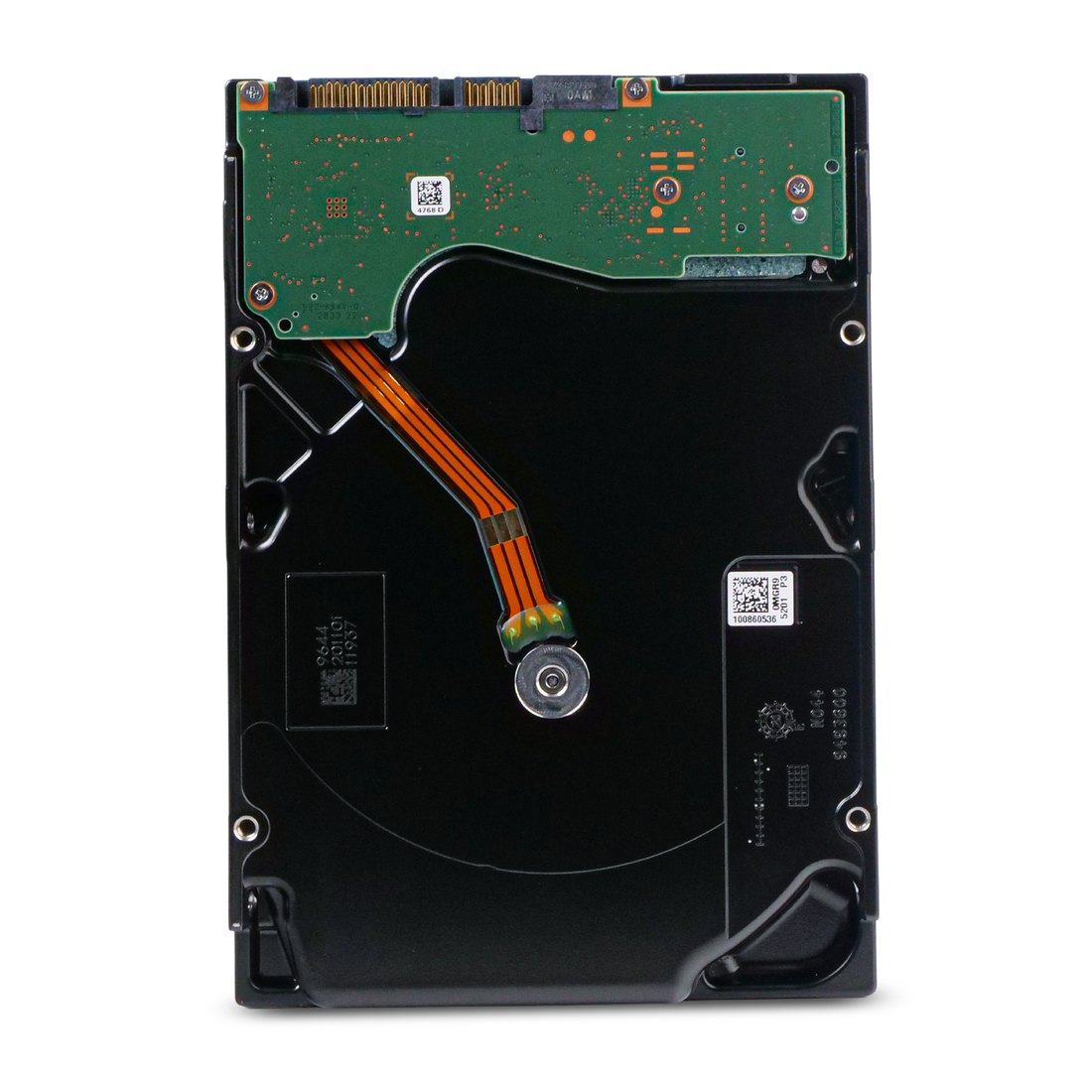 Vista trasera del Seagate Exos X18 16TB: PCB, conectores SATA de datos y alimentación