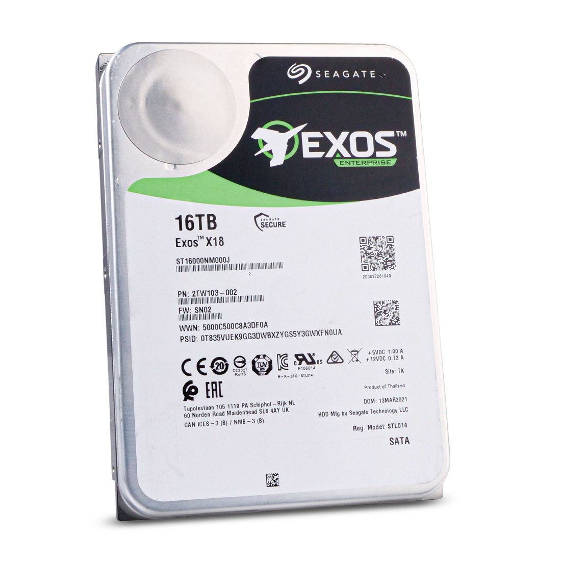 HDD SATA Seagate Exos X18 16TB, vista de etiqueta: 16TB Exos X18, ST16000NM000J, SATA