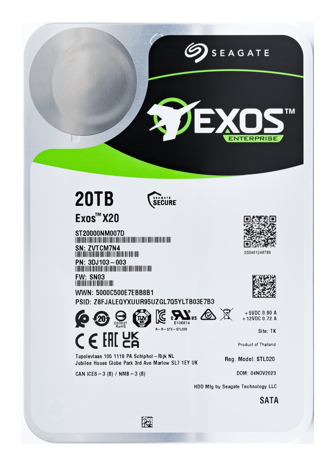 HDD SATA Seagate Exos X20 20TB, vista de etiqueta: 20TB Exos X20, SATA
