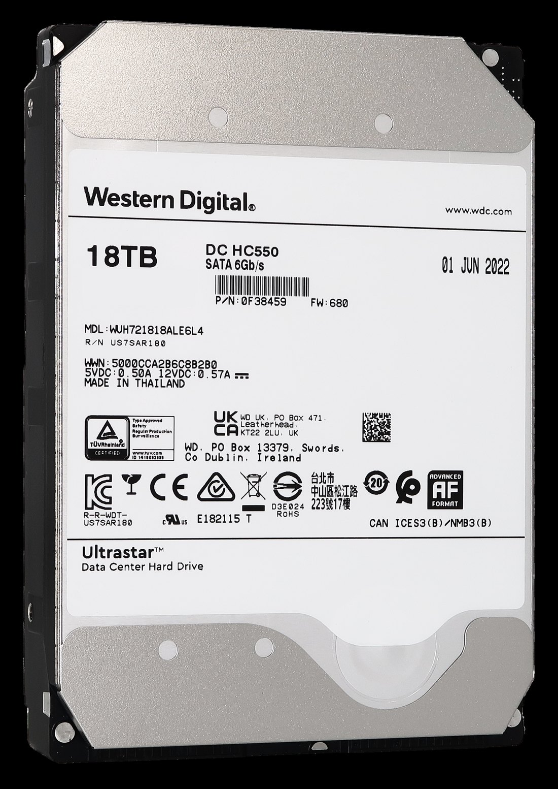 WD Ultrastar DC HC550 18TB SATA-HDD, Etikettenansicht: MDL WUH721818ALE6L4, P/N 0F38459