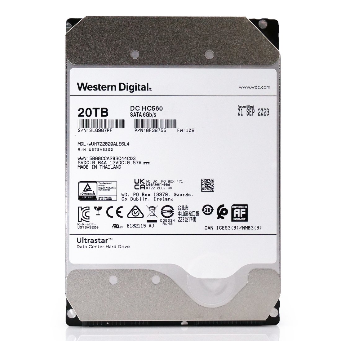 HDD SATA WD Ultrastar DC HC560 20TB, vista de etiqueta: 20TB, SATA 6Gb/s, MDL WUH722020ALE6L4, P/N 0F38755