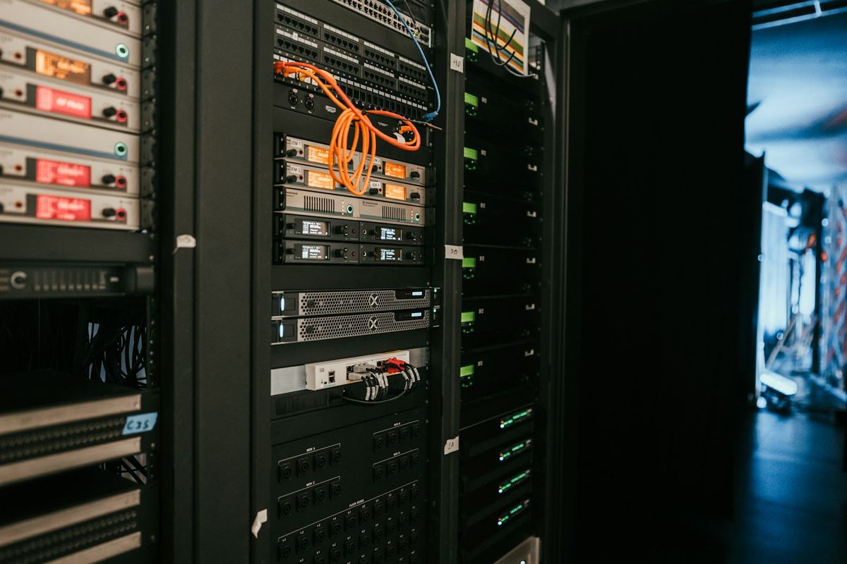 Server rack with enterprise servers and network cabling