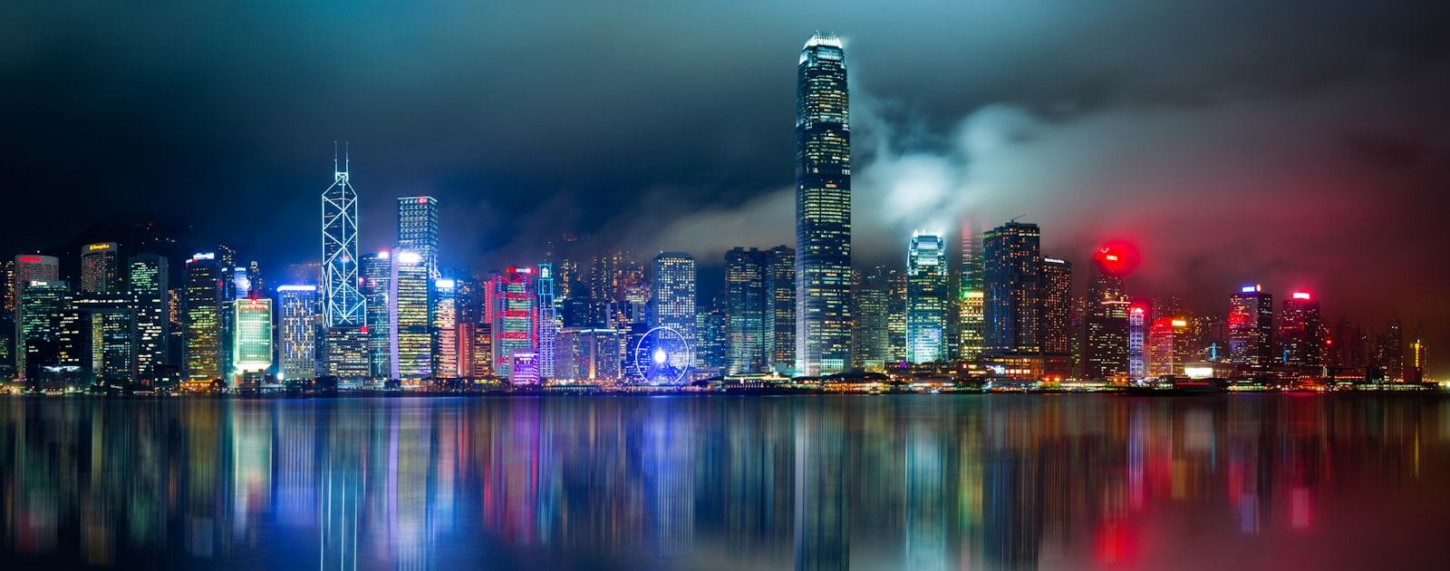 Hong Kong city skyline across the harbour at night